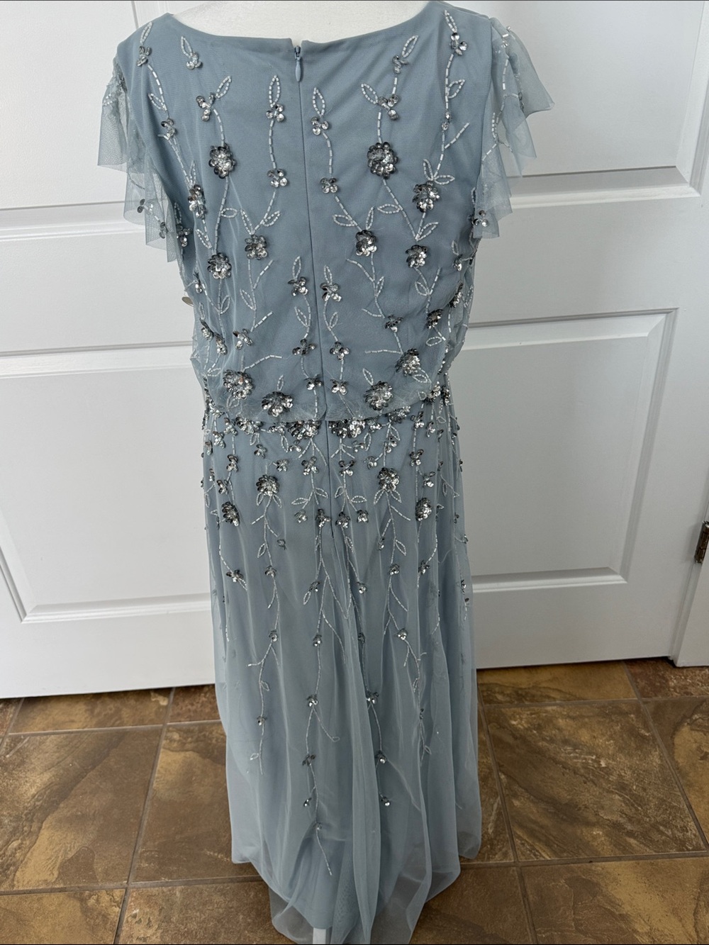 Silver Blue Beaded Evening Gown - Picture 2 of 5